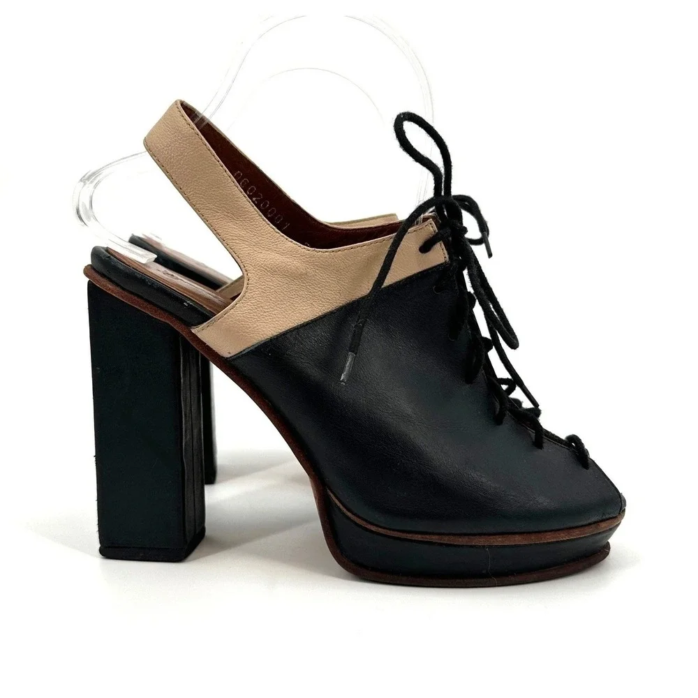 Rachel Comey Black Tan Leather Lace Up Peep Toe Platform Slingback Heels 7